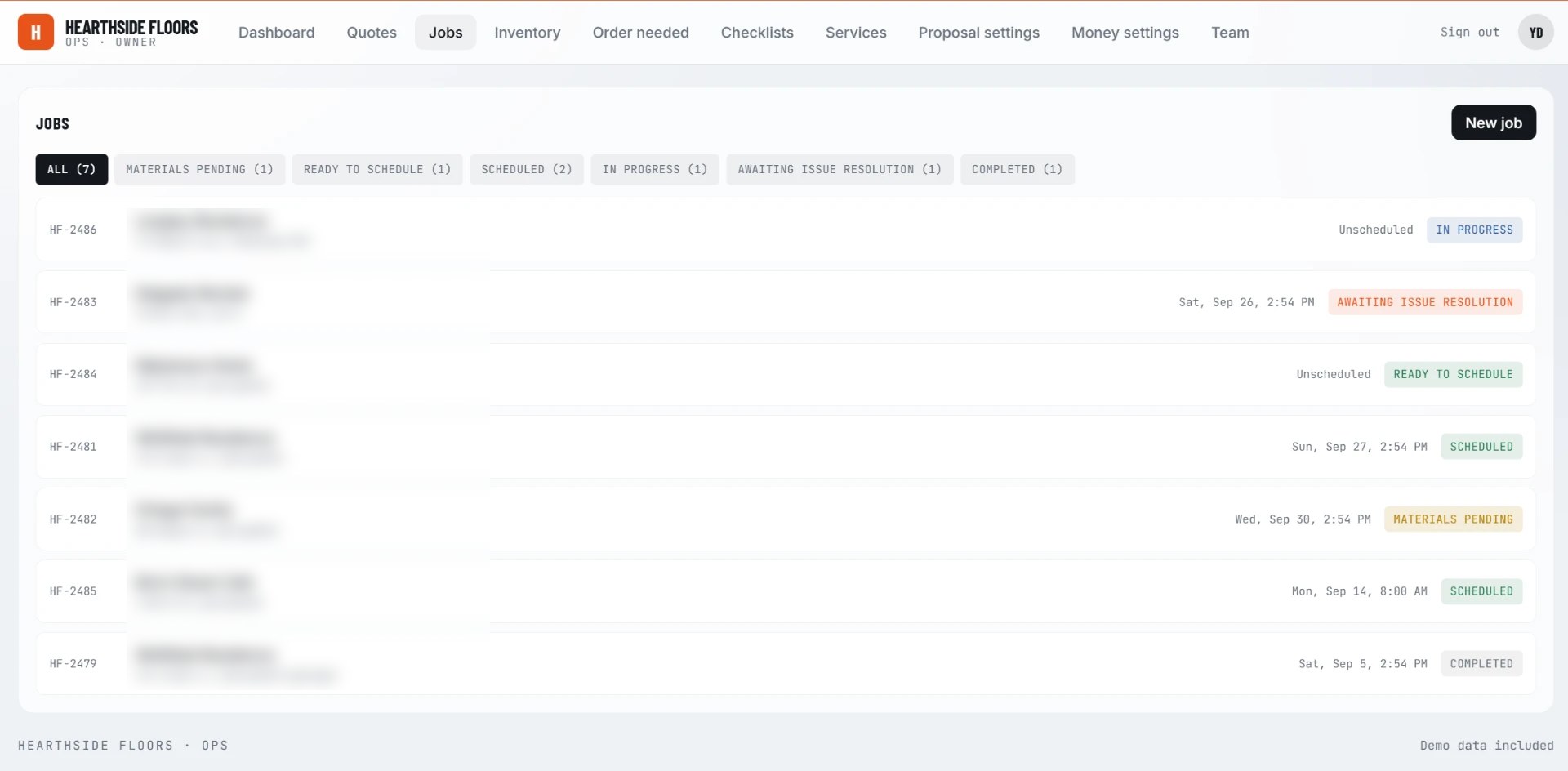 Custom Field Operations Platform jobs dashboard showing job statuses and schedule